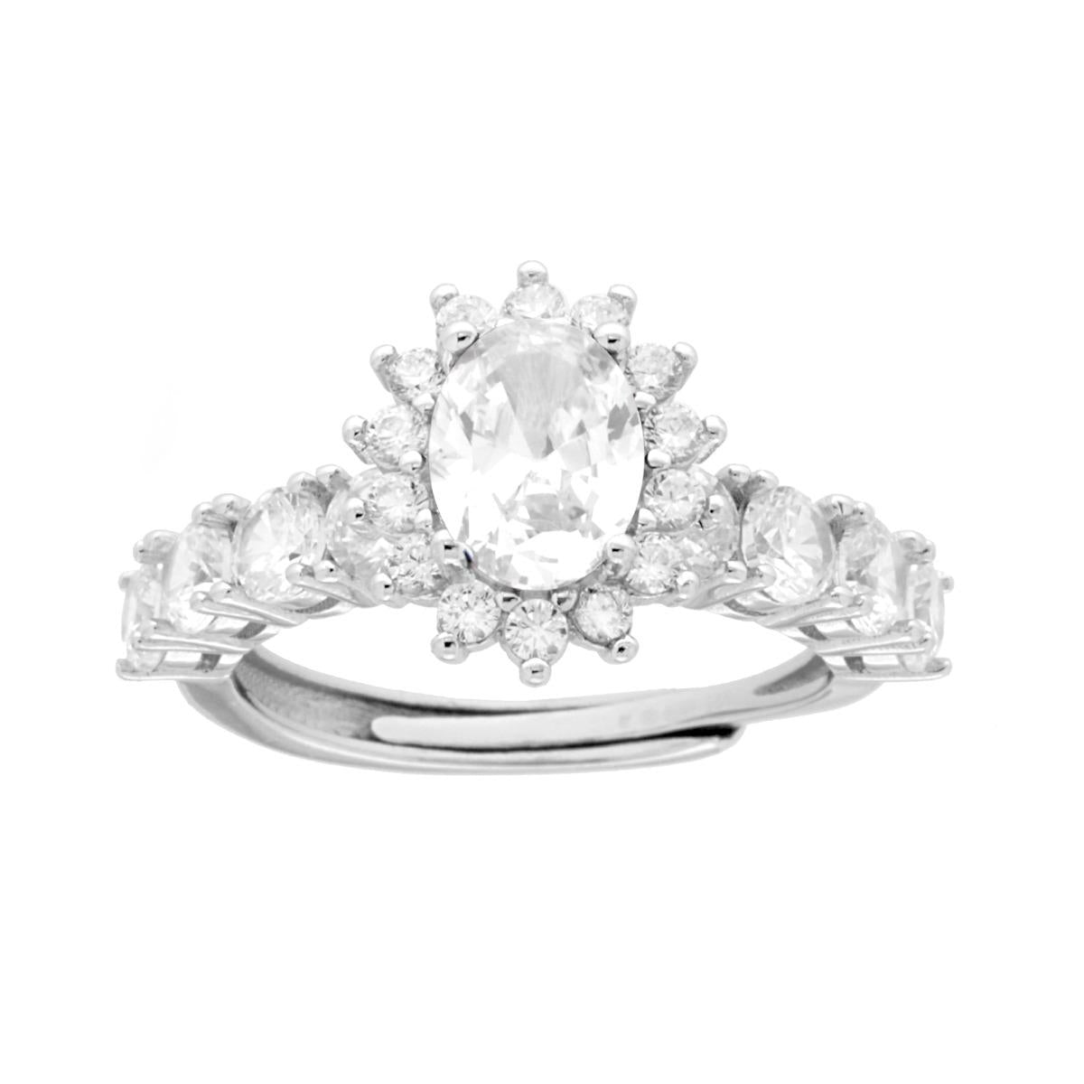Anello Halo Veretta Ovale Bianco contornato con Cubic Zirconia Bianchi in ARGENTO 925 Galvanica Rodio