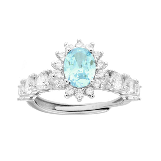 Anello Halo Veretta Ovale Acquamarina contornato con Cubic Zirconia Bianchi in ARGENTO 925 Galvanica Rodio