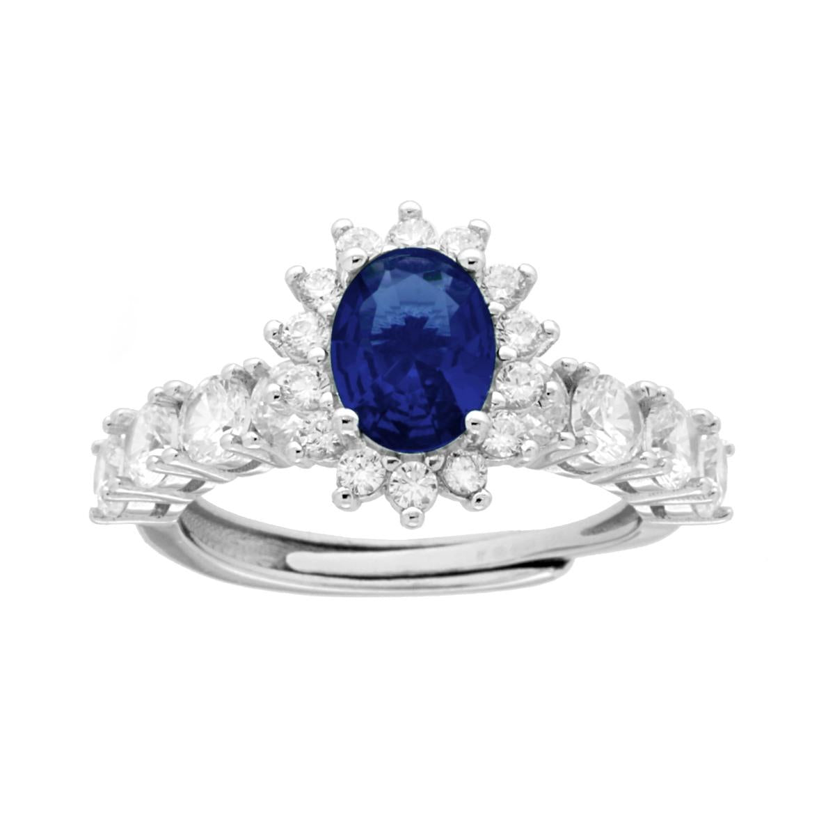 Anello Halo Veretta Ovale Blu Zaffiro contornato con Cubic Zirconia Bianchi in ARGENTO 925 Galvanica Rodio