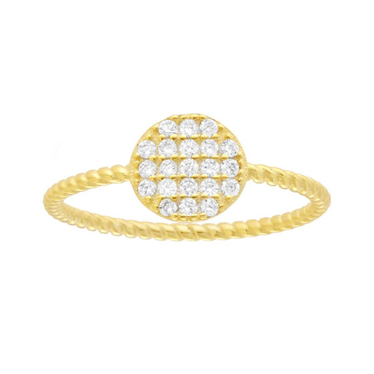 Anello forma geometrica tondo modello Solitario con Cubic Zirconia Bianchi e gambo intrecciato in ARGENTO 925 Galvanica Oro