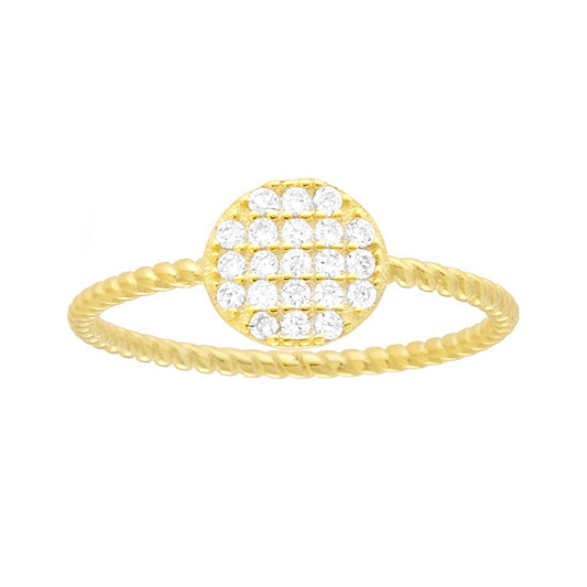 Anello forma geometrica tondo modello Solitario con Cubic Zirconia Bianchi e gambo intrecciato in ARGENTO 925 Galvanica Oro