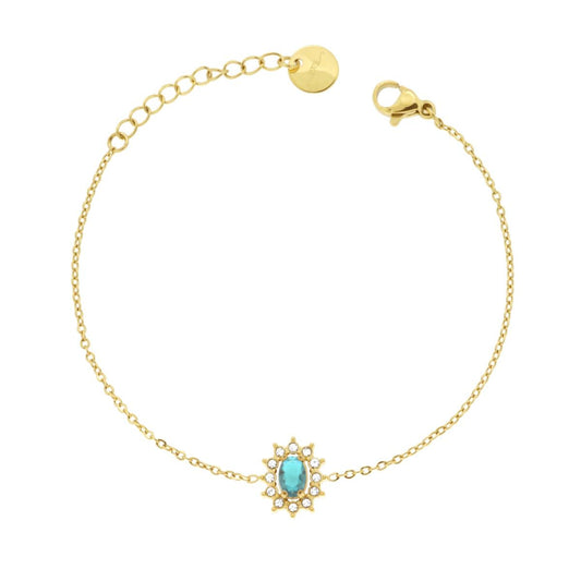 Bracciale Forzatina Diamantata con Ovale Acquamarina contornato da Crystal Bianchi in ACCIAIO colore Oro
