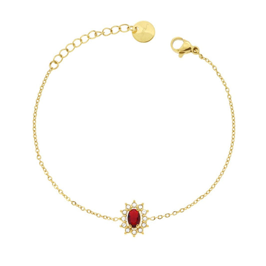 Bracciale Forzatina Diamantata con Ovale Rosso Rubino contornato da Crystal Bianchi in ACCIAIO colore Oro