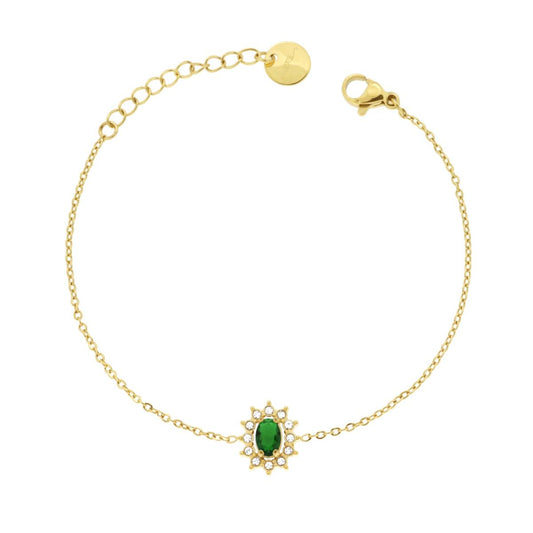 Bracciale Forzatina Diamantata con Ovale Verde Smeraldo contornato da Crystal Bianchi in ACCIAIO colore Oro