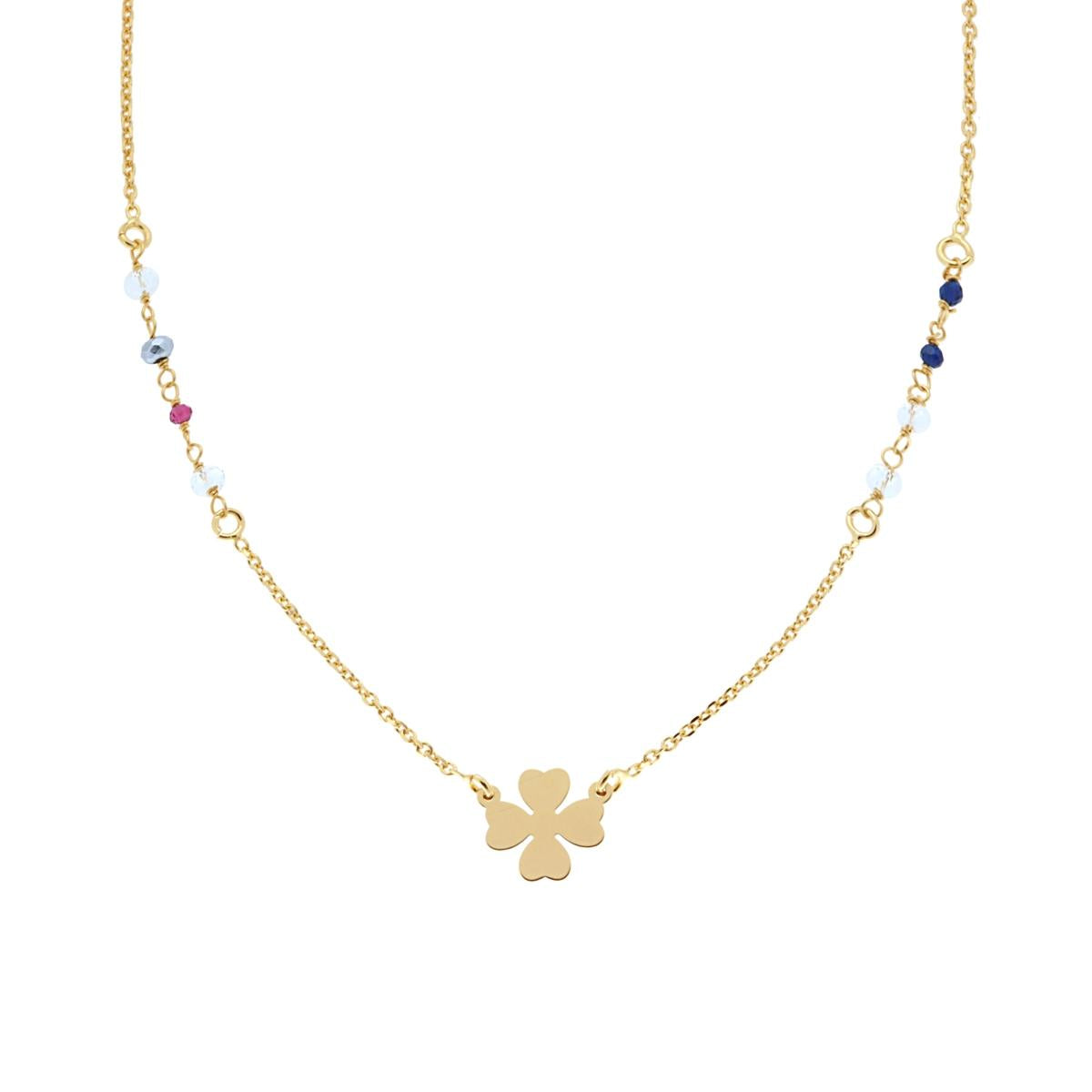 Collana Catena Forzatina Diamantata Crystal Multicolor e Quadrifoglio Plain in ARGENTO 925 Galvanica Oro