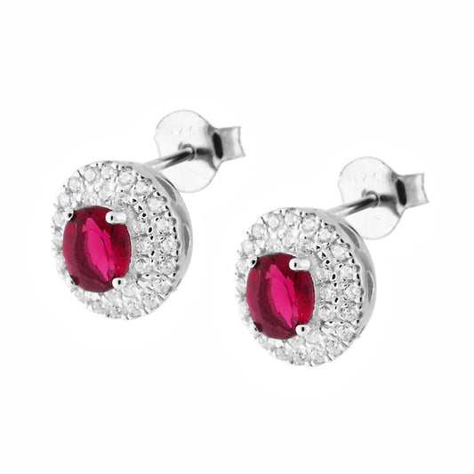 Orecchini Ovali con Zircone Rosso Rubino e Cuori laterali contornato con Zirconi Bianchi in ARGENTO 925 Galvanica Rodio