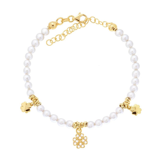Bracciale Filo Perla Bianca mm 4 in vetro perlato con Quadrifogli Cubic Zirconia Bianchi filo e chiusura in ARGENTO 925 Galvanica Oro