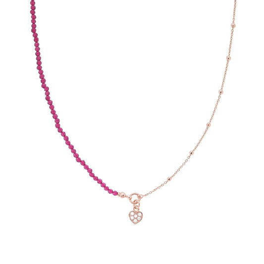 Collana Asimmetrica con Catena Forzatina Diamantata con Crystal Rosso Rubino Cuore e Cubic Zirconia Bianchi in ARGENTO 925 Galvanica Rosa