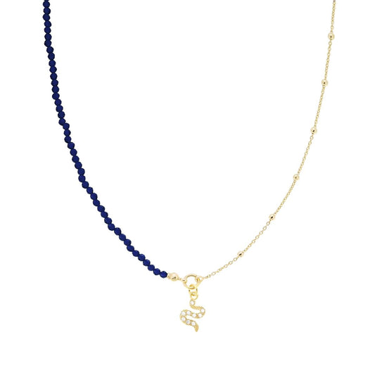 Collana Asimmetrica con Catena Forzatina Diamantata con Crystal Blu Zaffiro Serpente e Cubic Zirconia Bianchi in ARGENTO 925 Galvanica Oro