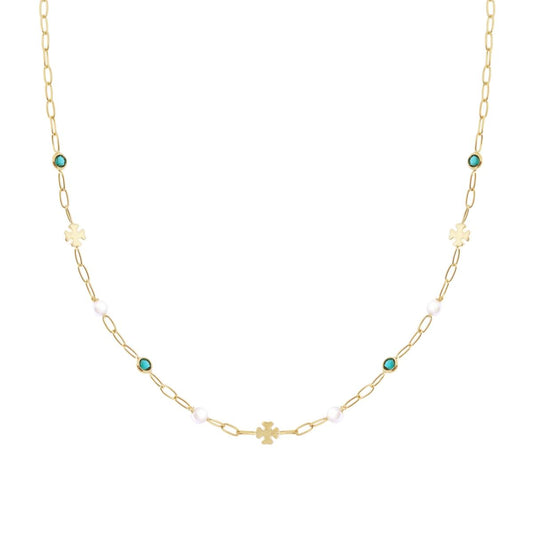 Collana Catena Forzatina Diamantata con Tondi Verde Smeraldo Cubic Zirconia Quadrifogli plain e Perle in ARGENTO 925 Galvanica Oro