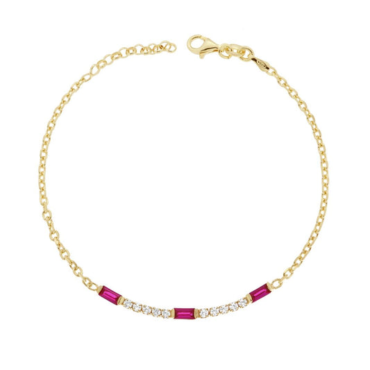 Bracciale Catena Forzatina Con Tennis Cubic Zirconia Bianchi e Baguette Rosso Rubino in ARGENTO 925 Galvanica Oro