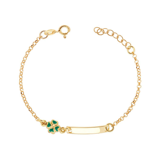 Bracciale Bimbo Bimba con Catena Rolo Diamantata Targa plain e Quadrifoglio smalto Verde in ARGENTO 925 Galvanica Oro