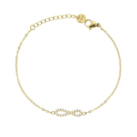 Bracciale Catena Forzatina Diamantata con Infinito e Crystal Bianchi in ACCIAIO colore Oro