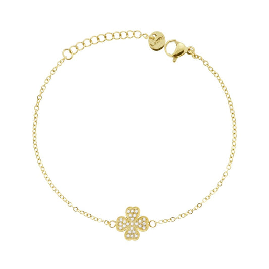 Bracciale Catena Forzatina Diamantata con Quadrifoglio e Crystal Bianchi in ACCIAIO colore Oro