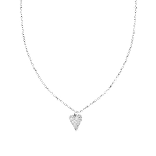 Collana Catena Forzatina Diamantata con Cuore bombato e Crystal Bianchi in ACCIAIO e OTTONE
