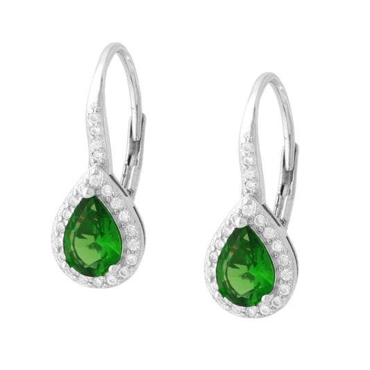 Orecchini Monachella Goccia Verde Smeraldo contornata con Cubic Zirconia Bianchi in ARGENTO 925 Galvanica Rodio