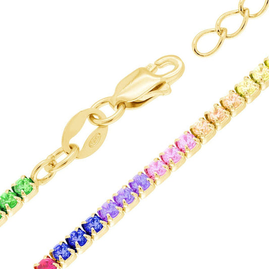 Collana Tennis Griffe cm 34+8 con Zirconi mm 2.5 Multicolor in ARGENTO 925 Galvanica Oro