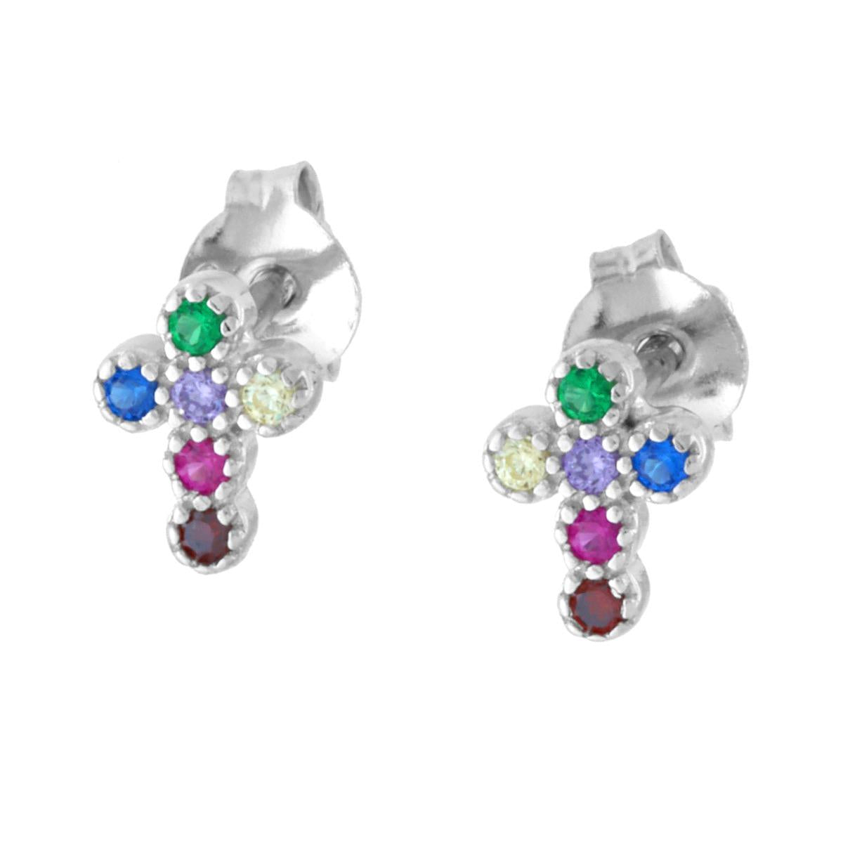 Orecchini Croce con Cubic Zirconia Multicolor in ARGENTO 925 Galvanica Rodio