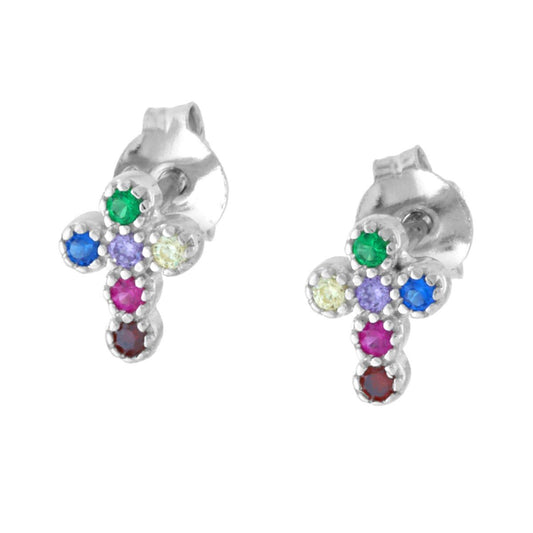 Orecchini Croce con Cubic Zirconia Multicolor in ARGENTO 925 Galvanica Rodio