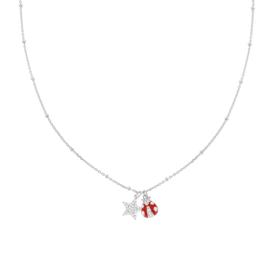 Collana Catena Forzatina Diamantata con Coccinella smalto Rosso e Stella con Cubic Zirconia Bianchi in ARGENTO 925 Galvanica Rodio