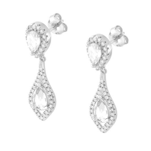 Orecchini Goccia Pendente Bianca contornata da Cubic Zirconia Bianchi in ARGENTO 925 Galvanica Rodio