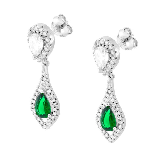 Orecchini Goccia Pendente Verde Smeraldo contornata da Cubic Zirconia Bianchi in ARGENTO 925 Galvanica Rodio