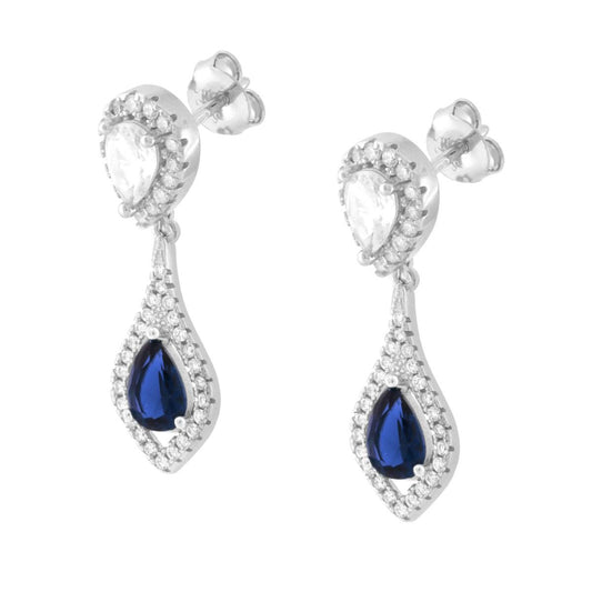 Orecchini Goccia Pendente Blu Zaffiro contornata da Cubic Zirconia Bianchi in ARGENTO 925 Galvanica Rodio