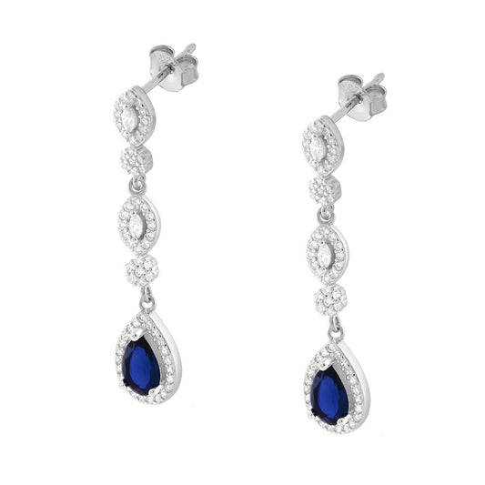 Orecchini Ovali e Goccia Pendente Blu Zaffiro contornata da Cubic Zirconia Bianchi in ARGENTO 925 Galvanica Rodio