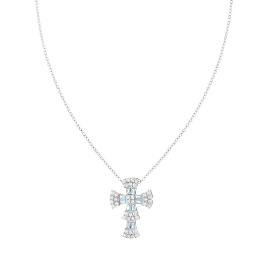 Collana Catena Forzatina Diamantata Croce con Cubic Zirconia Trapezio Acquamarina e Cubic Zirconia Bianchi in ARGENTO 925 Galvanica Rodio
