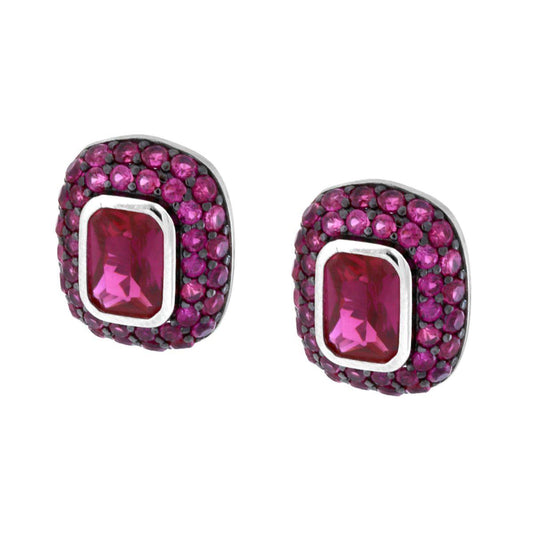 Orecchini Bottone Rettangolare con Cubic Zirconia Rosso Rubino in ARGENTO 925 Galvanica Rodio
