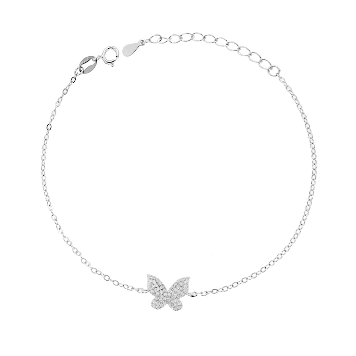 Bracciale Catena Forzatina Diamantata con Farfalla e Cubic Zirconia Bianchi in ARGENTO 925 Galvanica Rodio