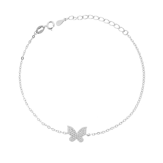 Bracciale Catena Forzatina Diamantata con Farfalla e Cubic Zirconia Bianchi in ARGENTO 925 Galvanica Rodio