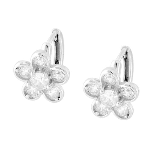 Orecchini Cerchio a Scattino con Fiore e Cubic Zirconia Bianchi in ARGENTO 925 Galvanica Rodio