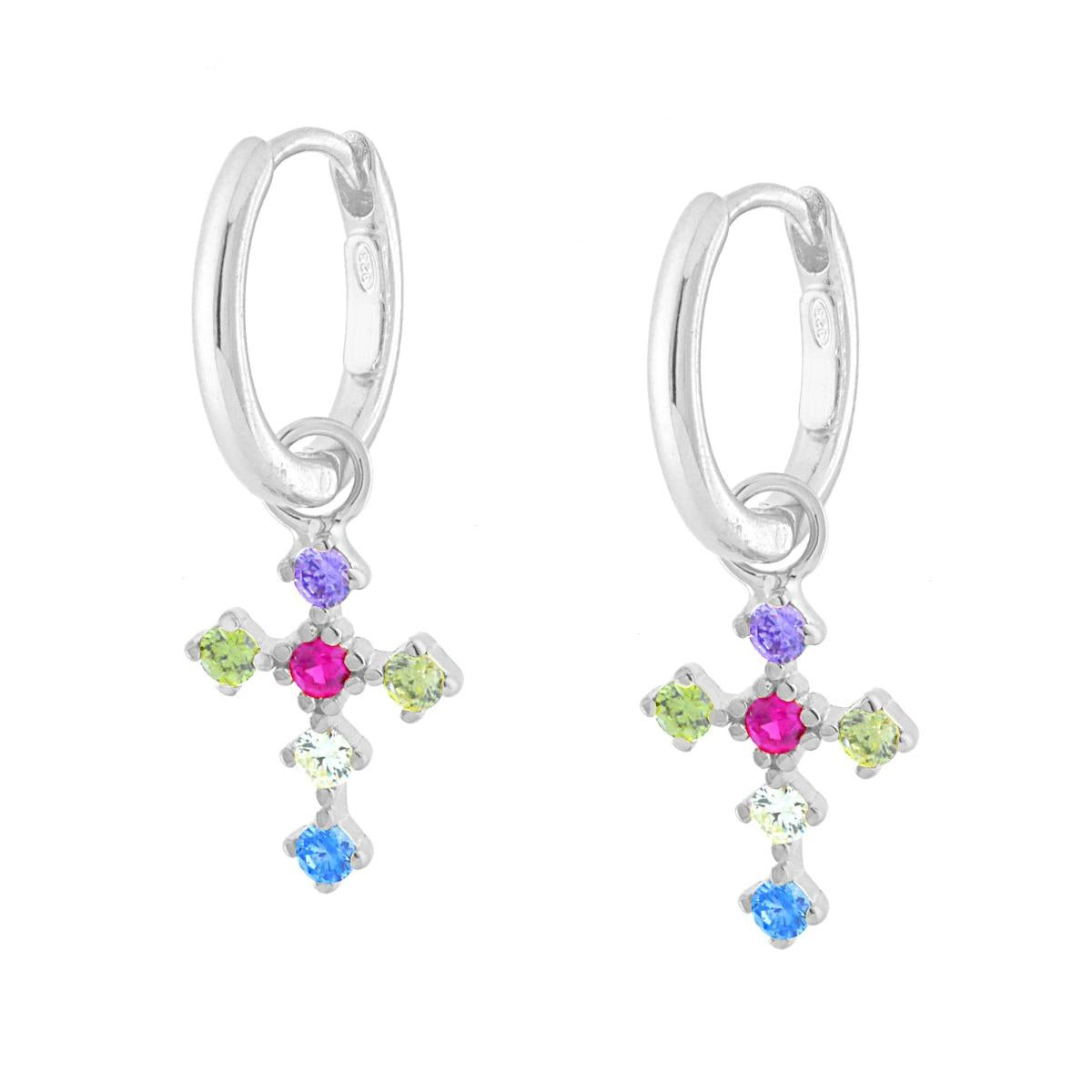 Orecchini Cerchio a Scattino con Croce pendente e Cubic Zirconia Multicolor in ARGENTO 925 Galvanica Rodio