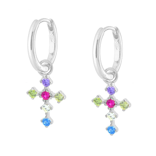 Orecchini Cerchio a Scattino con Croce pendente e Cubic Zirconia Multicolor in ARGENTO 925 Galvanica Rodio