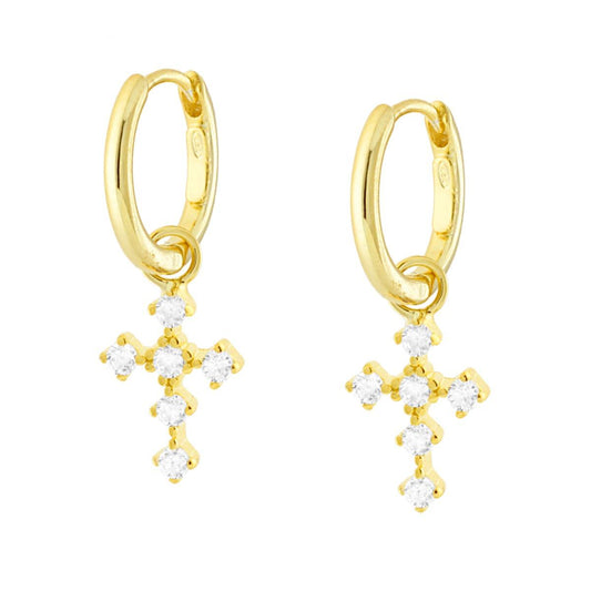 Orecchini Cerchio a Scattino con Croce pendente e Cubic Zirconia Bianchi in ARGENTO 925 Galvanica Oro