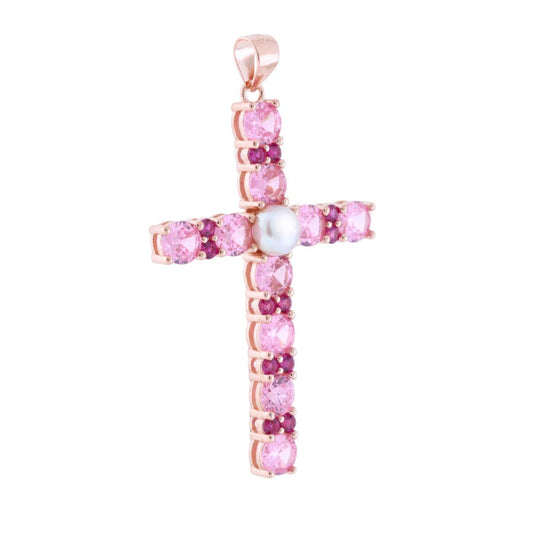 Ciondolo Croce con Cubic Zirconia Rosa Rosso Rubino e Bianchi e Perla in ARGENTO 925 Galvanica Rosa