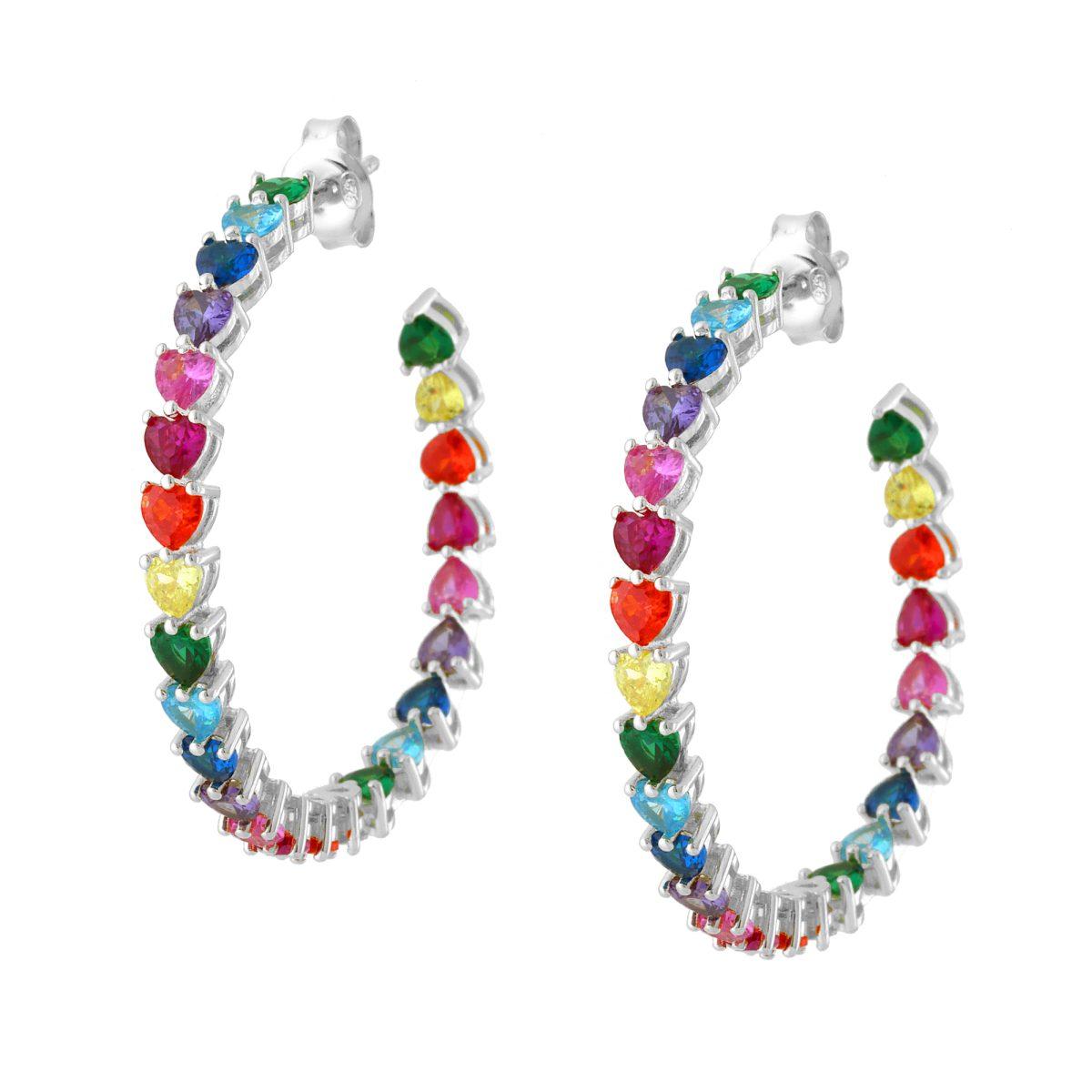 Orecchini Cerchio con Cuori Cubic Zirconia Multicolor Rainbow in ARGENTO 925 Galvanica Rodio
