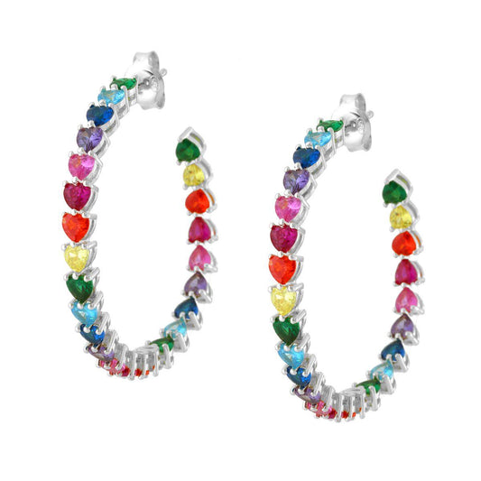 Orecchini Cerchio con Cuori Cubic Zirconia Multicolor Rainbow in ARGENTO 925 Galvanica Rodio