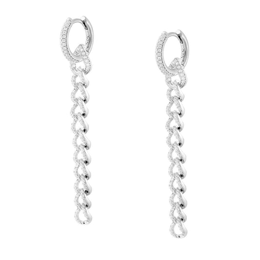 Orecchini Cerchio a Scattino con Catena Grumetta e Cubic Zirconia Bianchi in ARGENTO 925 Galvanica Rodio