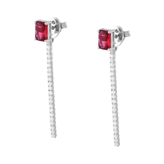 Orecchini Punto Luce Baguette Rosso Rubino e Tennis pendente con Cubic Zirconia Bianchi in ARGENTO 925 Galvanica Rodio