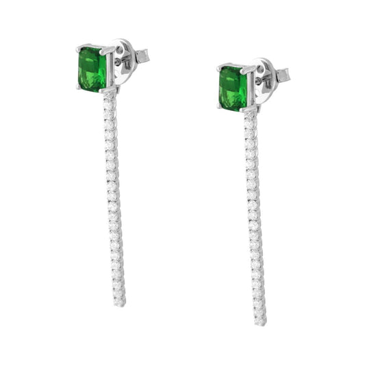 Orecchini Punto Luce Baguette Verde Smeraldo e Tennis pendente con Cubic Zirconia Bianchi in ARGENTO 925 Galvanica Rodio