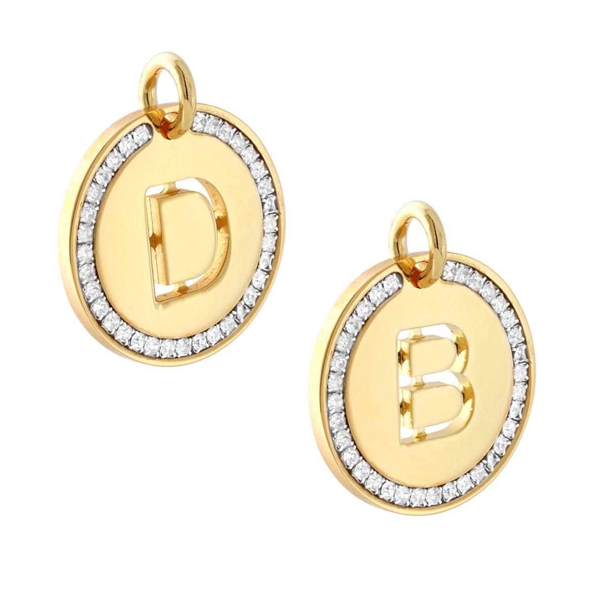 Ciondolo Tondo mm 30 con Lettera Iniziale Nome traforata e Cubic Zirconia Bianchi in ACCIAIO colore Oro