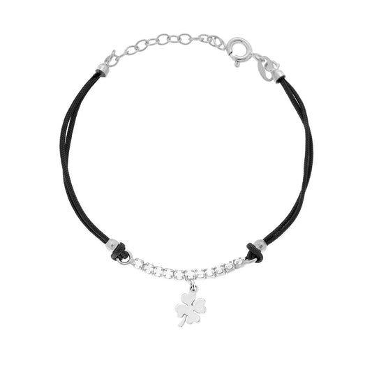 Bracciale Cordoncino Cotone Nero con centrale Tennis Cubic Zironia Bianchi e Quadrifoglio pendente in ARGENTO 925 Galvanica Rodio