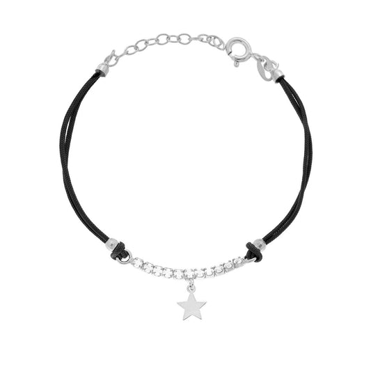 Bracciale Cordoncino Cotone Nero con centrale Tennis Cubic Zironia Bianchi e Stella pendente in ARGENTO 925 Galvanica Rodio