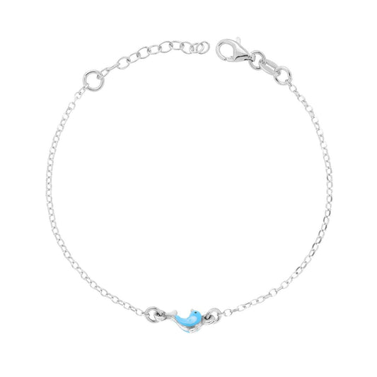 Bracciale Bimbo Bimba Catena Rolo con Delfino smalto Azzurro in ARGENTO 925 Galvanica Rodio