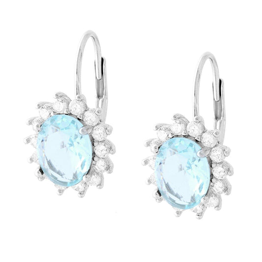 Orecchini Monachella con Ovale Acquamarina contornato da Cubic Zirconia Bianchi in ARGENTO 925 Galvanica Rodio
