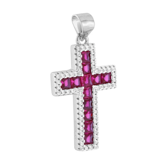 Ciondolo Croce con Cubic Zirconia Carre Rosso Rubino contornati da Cubic Zirconia Bianchi in ARGENTO 925 Galvanica Rodio
