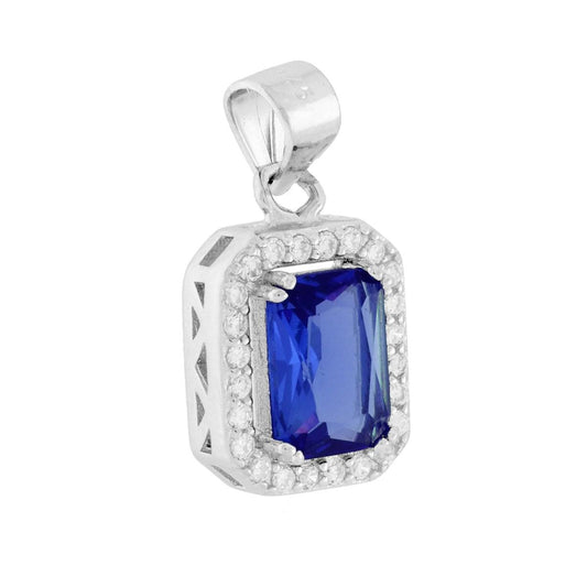 Ciondolo Rettangolare Cubic Zirconia Blu Zaffiro contornato da Cubic Zirconia Bianchi in ARGENTO 925 Galvanica Rodio