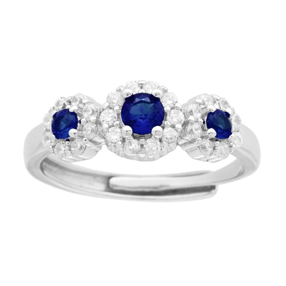 Anello Trilogy Fiore Blu Zaffiro contornato da Cubic Zirconia Bianchi in ARGENTO 925 Galvanica Rodio
